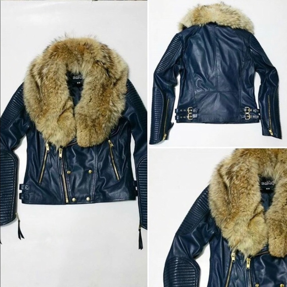 SOLDDD 100% Lamb Leather jacket WIth Raccoon Fur Collar